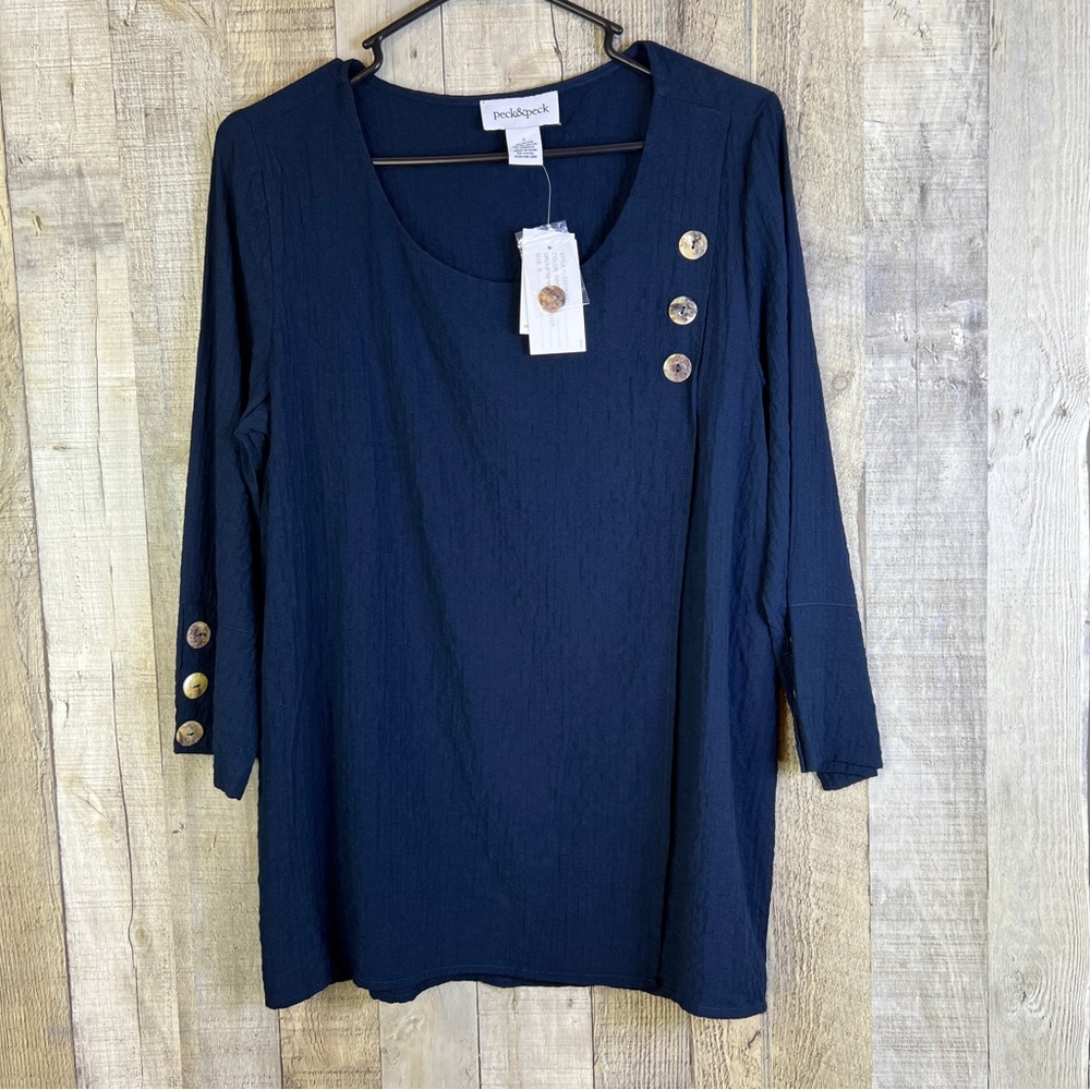 Peck & Peck SZ. Small Navy Blue Crewneck 3/4 Sleeve w/a Crossover wrap S…